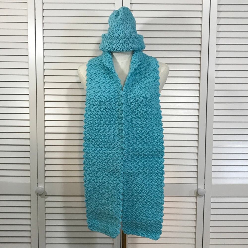 NWT Crochet Boho Cottage Aqua Blue Beanie Scarf 64” Textured Winter Set